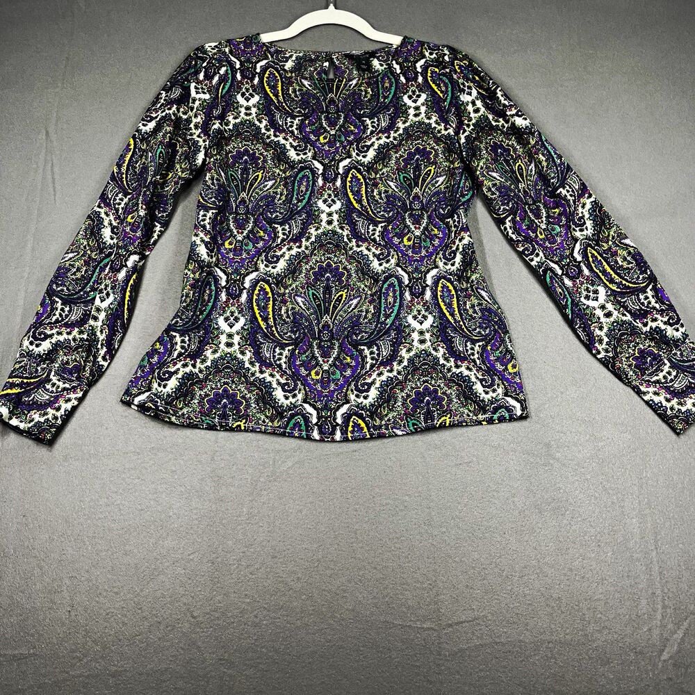 J.CREW Womens XS Paisley Keyhole Neck Long Sleeve Blouse Purple Green Poly